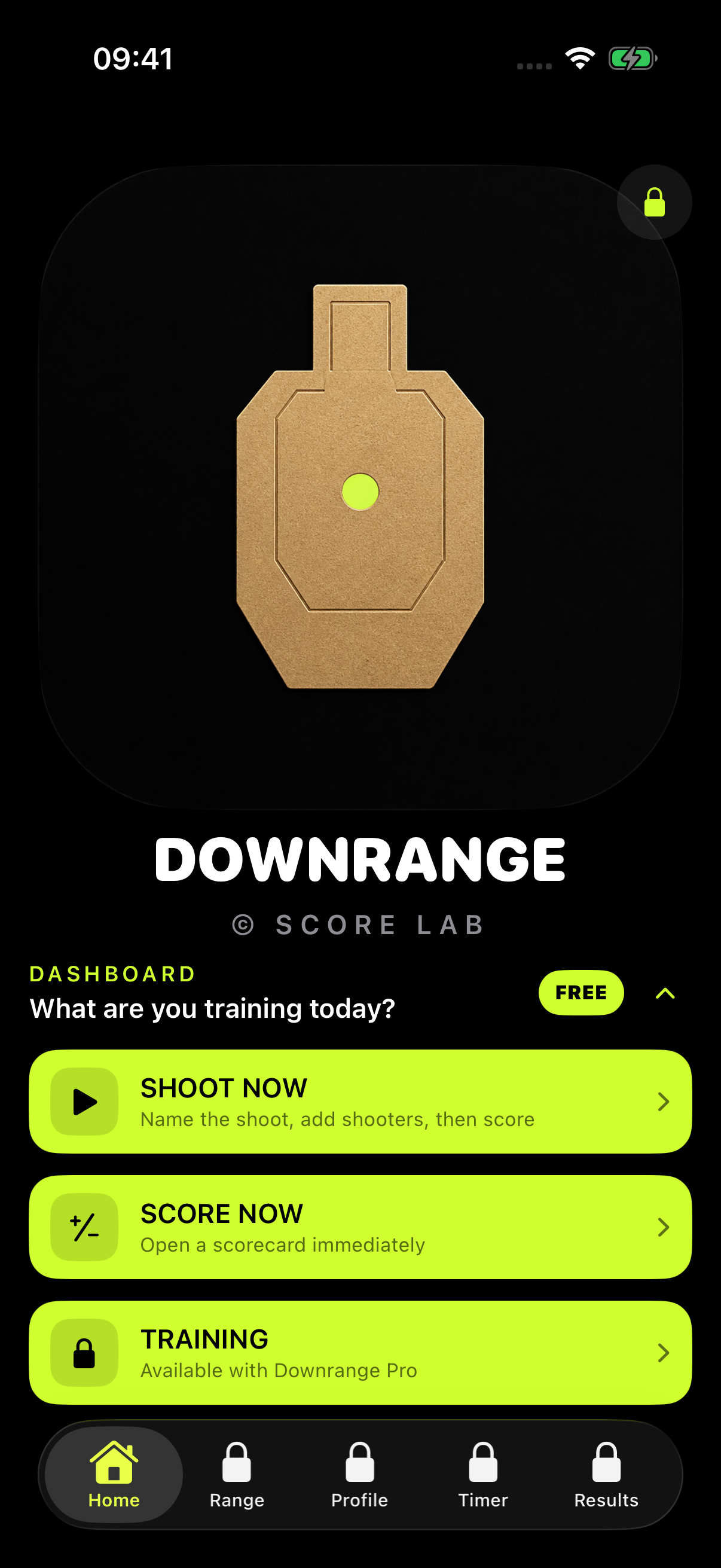 Downrange iOS home screen with Shoot Now, Score Now, and Training