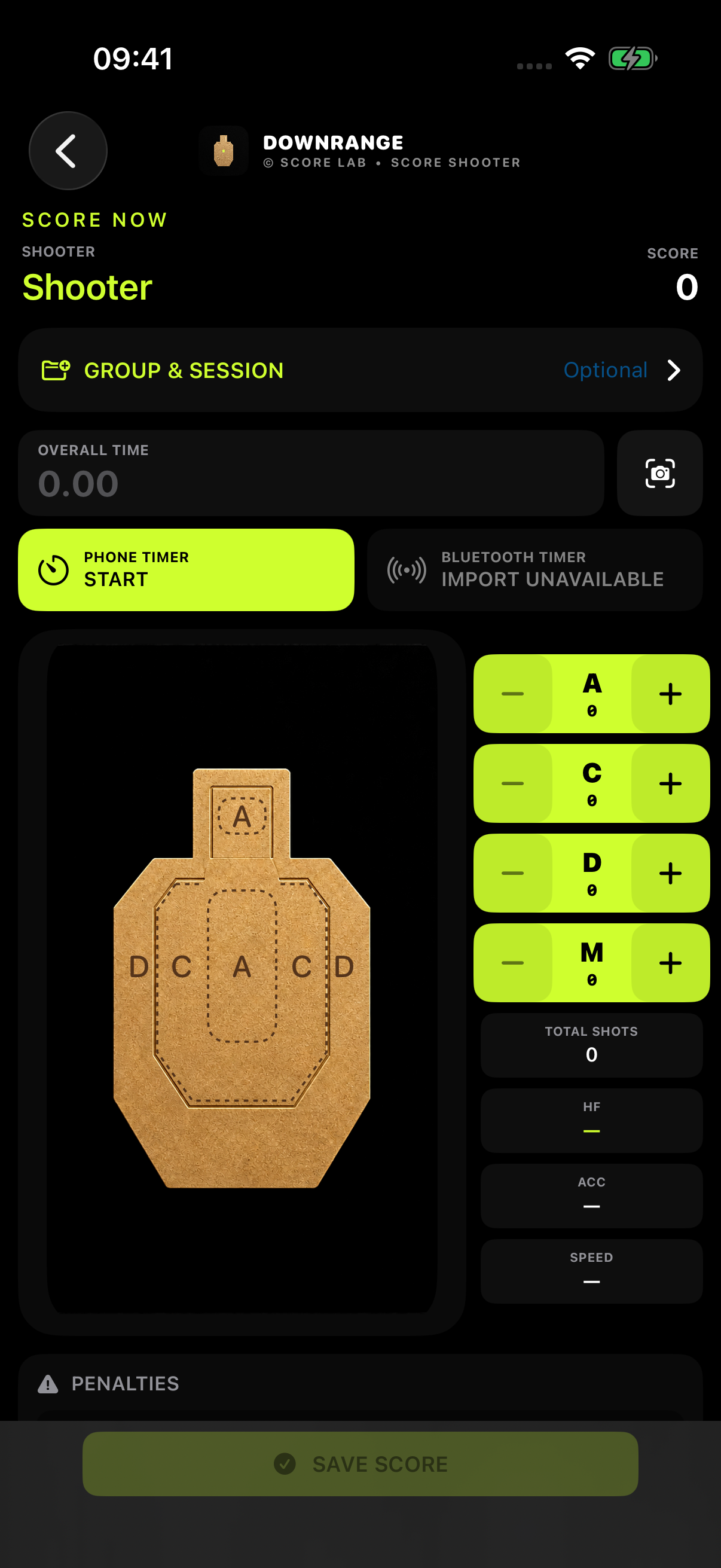 Downrange Score Now screen with A, C, D, and miss scoring controls